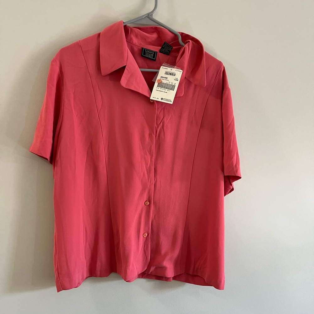 NWT Vintage Laura Scott Short Sleeve Button Up popover blouse hot pink